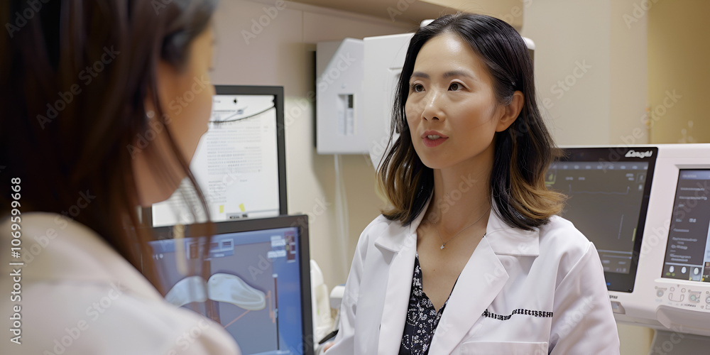 Doctor Consulting with Patient in Clinic, Female Physician Discussing Health Concerns with Patient Doctor Consulting with Patient in Clinic, Female Physician Discussing Health Concerns with Patient