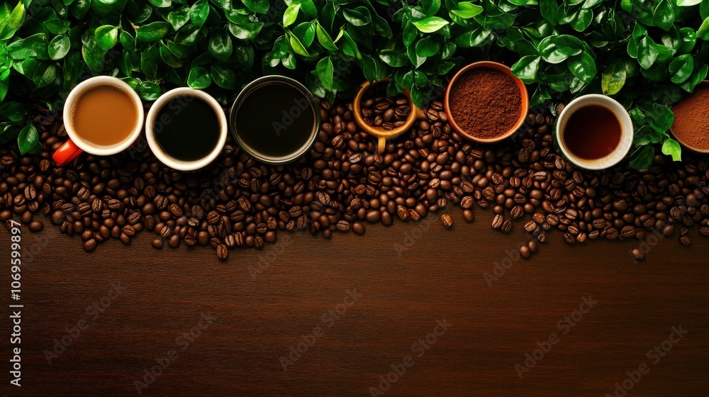 Top view of coffee cups lined with fresh leaves and beans on a wooden table, creating a natural and inviting atmosphere. Top view of coffee cups lined with fresh leaves and beans on a wooden table, creating a natural and inviting atmosphere.