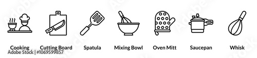 Kitchen line icon set. Cooking, cutting board, spatula, mixing bowl, oven mitt, saucepan, whisk