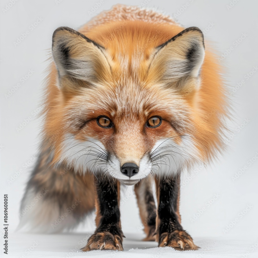 A red fox stares intensely at the camera with its fur puffed up, standing on a white background. A red fox stares intensely at the camera with its fur puffed up, standing on a white background.