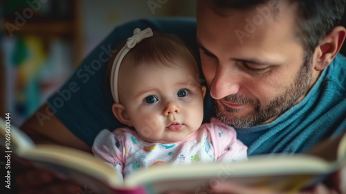 Family reading at home with baby and young daughter