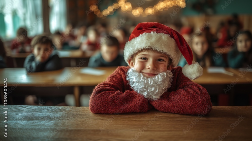 A young boy dressed as Santa Claus sits at a desk in a classroom, smiling at the camera. A young boy dressed as Santa Claus sits at a desk in a classroom, smiling at the camera.