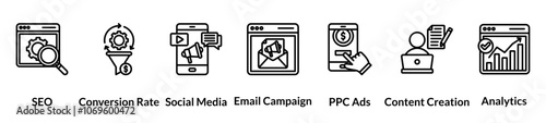 Website marketing line icon set. seo, conversion rate, social media, email campaign, ppc ads, content creation, analytics