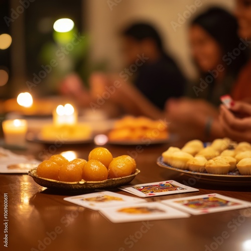 Close-up of a table with sweets, playing cards, and candles, with people out of focus in the background.