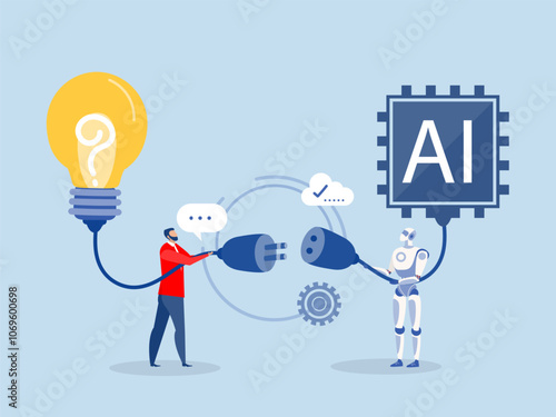 businessman connect plug with lightbulb idea to ai Artificial Intelligence. or processing chip into human brain with Light bulb development innovation concept vector
