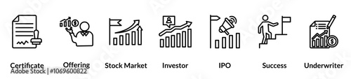 Initial Public Offering line icon set. certificate, offering, stock market, investor, ipo, success, underwriter