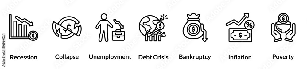 Εκτύπωση καμβά Economy crisis line icon set