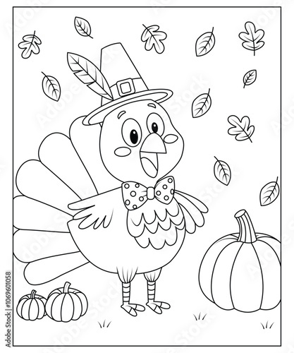 Turkey, thanksgiving coloring page for kids and adults