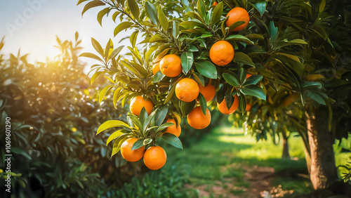 A lot of oranges on the tree are shining light