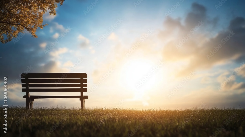 Fototapeta premium Tranquil Bench at Sunrise in Serene Landscape