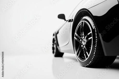 Close-up of a black sports car's rear wheel and tire against a white background. photo