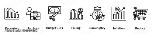 Recession line icon set. recession, job loss, budget cuts, falling, bankruptcy, inflation, reduce