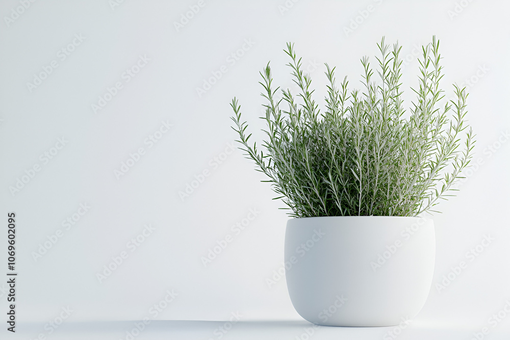 A small bunch of rosemary plants flourishes in a white pot for home decor and culinary use A small bunch of rosemary plants flourishes in a white pot for home decor and culinary use