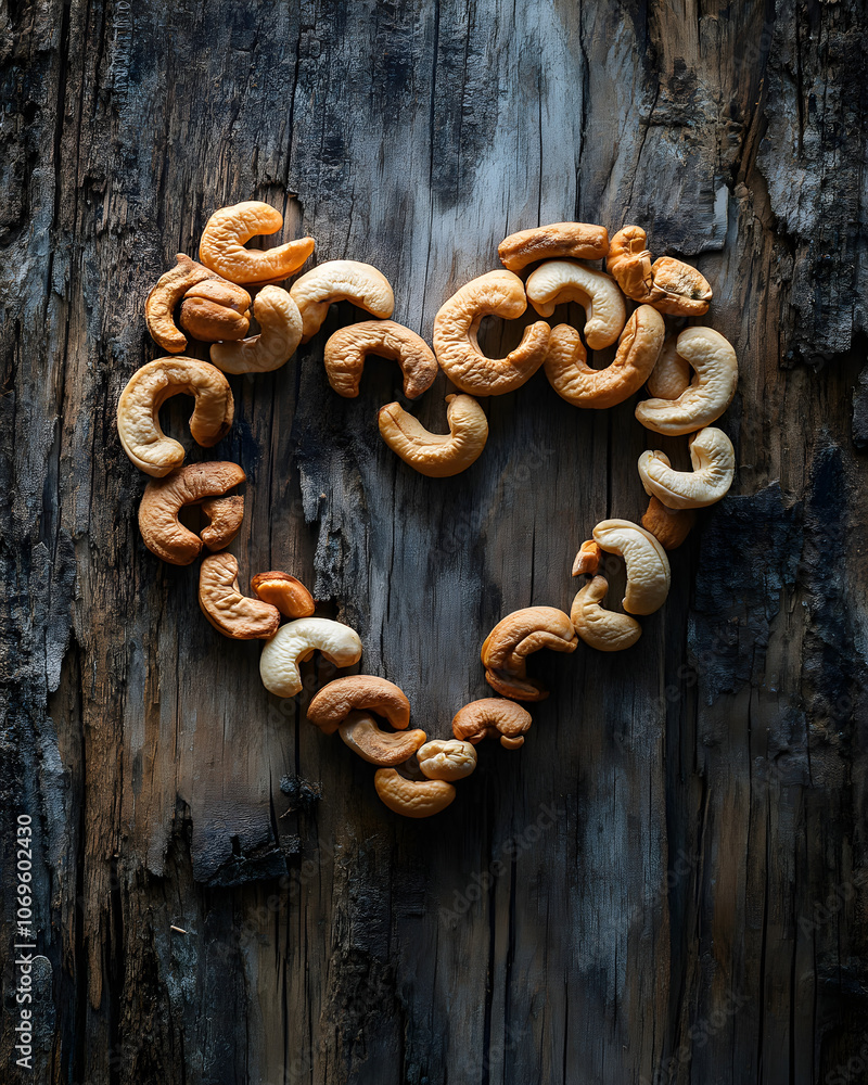 Roasted Cashew Nuts Arranged in Heart Shape on Rustic Wooden Background. Roasted Cashew Nuts Arranged in Heart Shape on Rustic Wooden Background.