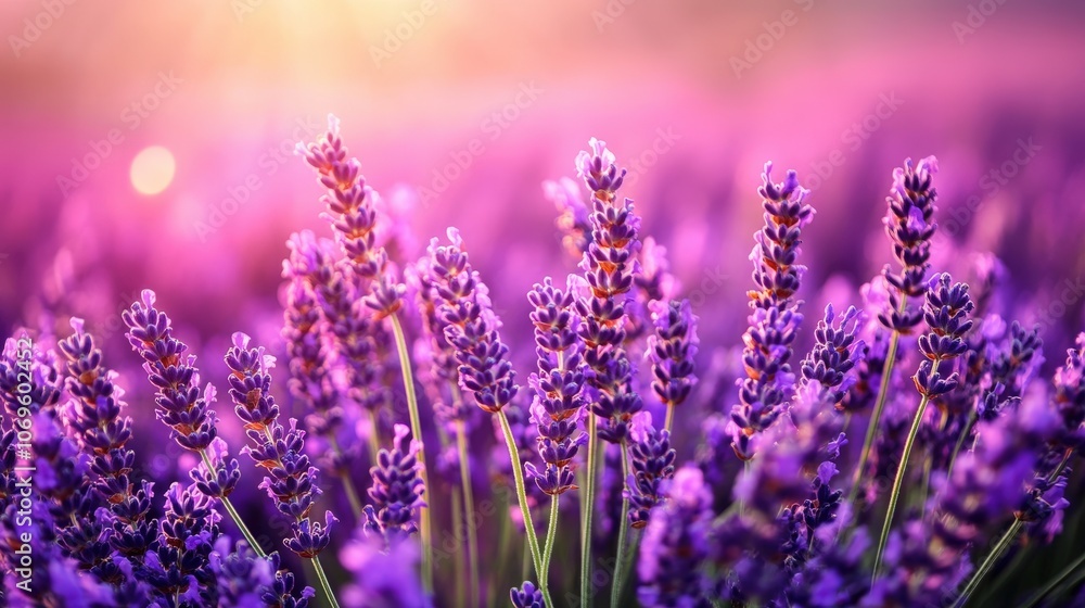 Fototapeta premium Vibrant lavender field under golden sunlight creating a serene and aromatic landscape. Perfect for nature, tranquility, and beauty themes.