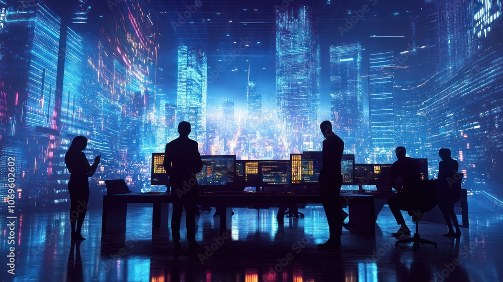 Silhouettes of People Working in a Futuristic Control Room with Cityscape Background Silhouettes of People Working in a Futuristic Control Room with Cityscape Background