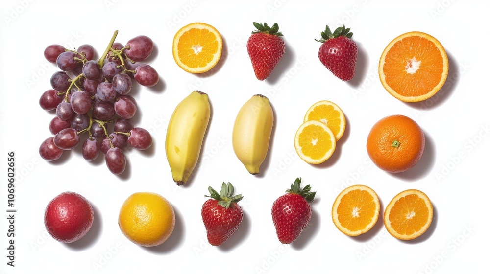 A vibrant display of assorted fruits, including oranges, strawberries, and blueberries, creatively arranged alongside fresh mint leaves, casting playful shadows on a light surface. A vibrant display of assorted fruits, including oranges, strawberries, and blueberries, creatively arranged alongside fresh mint leaves, casting playful shadows on a light surface.