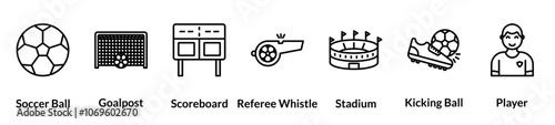 Soccer line icon set. soccer ball, goalpost, scoreboard, referee whistle, stadium, kicking ball, player