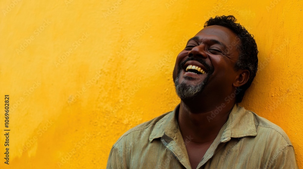 Man laughing against a vibrant yellow wall Man laughing against a vibrant yellow wall