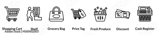 Supermarket line icon set. shopping cart, shelf, grocery bag, price tag, fresh produce, discount, cash register