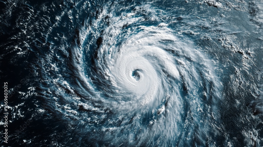 Aerial view of powerful hurricane over the ocean, stormy weather. Natural disaster and climate change concept Aerial view of powerful hurricane over the ocean, stormy weather. Natural disaster and climate change concept