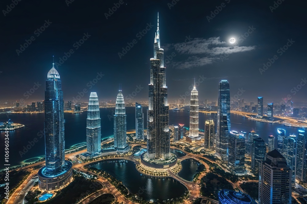 Fototapeta premium Moonlit Metropolis Aerial View of Modern Skyscrapers and Urban Landscape