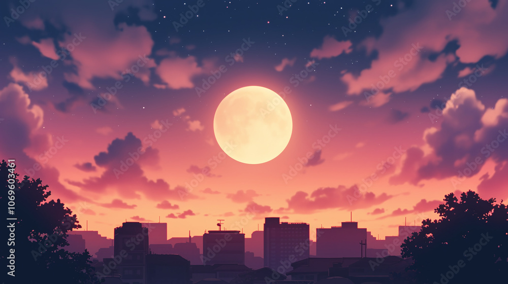Full Moon Over Cityscape: A Serene Night Sky Full Moon Over Cityscape: A Serene Night Sky