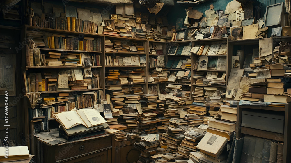 Obraz premium A cluttered room filled with books and photos.