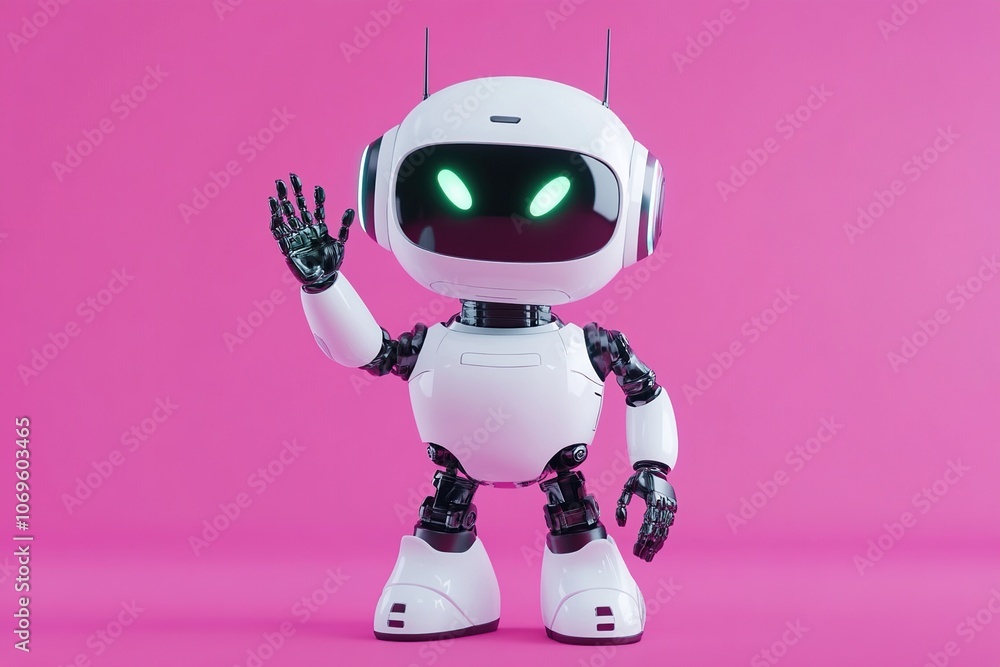 A friendly white robot with glowing green eyes waves hello against a bright pink background. A friendly white robot with glowing green eyes waves hello against a bright pink background.
