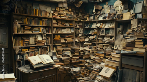 A cluttered room filled with books and photos.