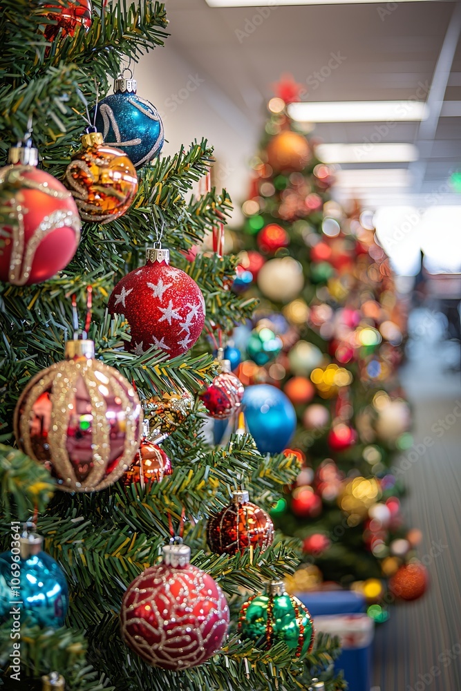 Fototapeta premium The office hosts a fun Christmas tree decorating contest. Each team puts their spin