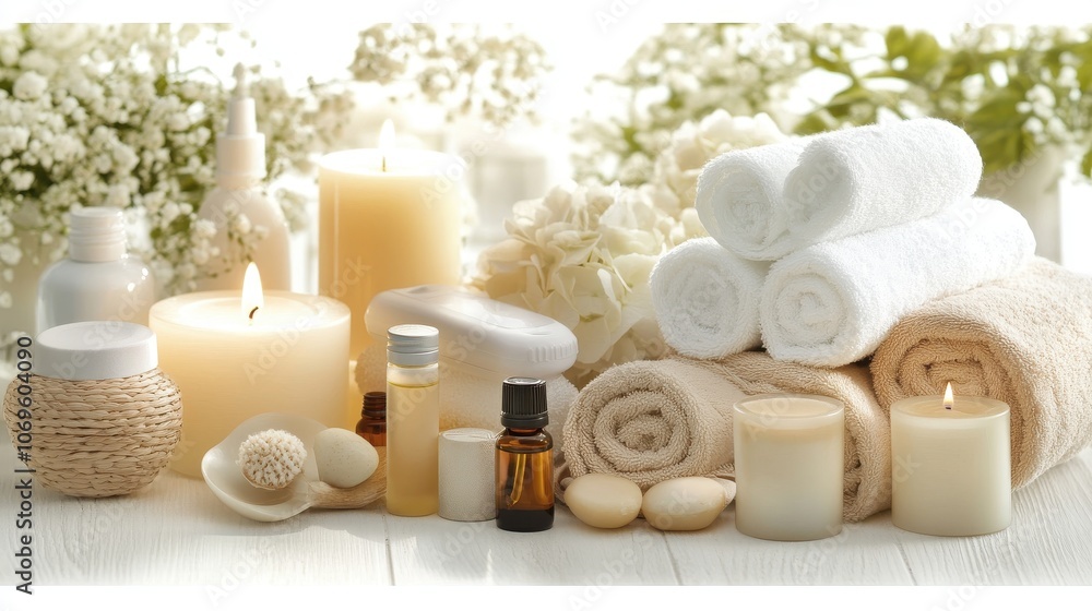 A serene spa arrangement features soft white towels, aromatic candles, and essential oil, creating a calming atmosphere ideal for relaxation and self-care moments. A serene spa arrangement features soft white towels, aromatic candles, and essential oil, creating a calming atmosphere ideal for relaxation and self-care moments.