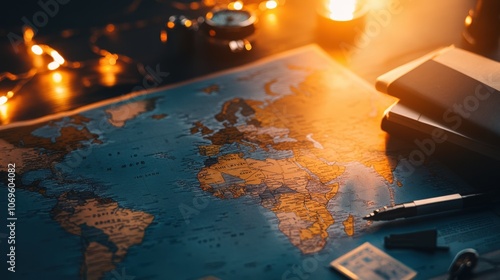 Warm ambient light illuminates a world map, pen, and notebook, creating a cozy atmosphere ideal for travel planning and exploration ideas. photo