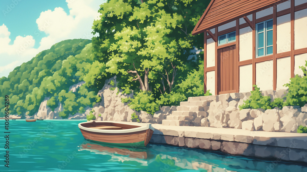 Fototapeta premium Serene Waterfront Cottage with Wooden Boat and Green Trees