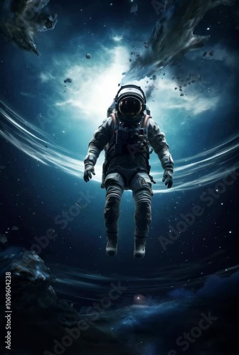 stronaut floating outside a spaceship in outer space. Man in protective helmet and suit. Cosmos discovering. Science fiction, space travel and exploration concept. World Space Week. Sci-fi animation photo