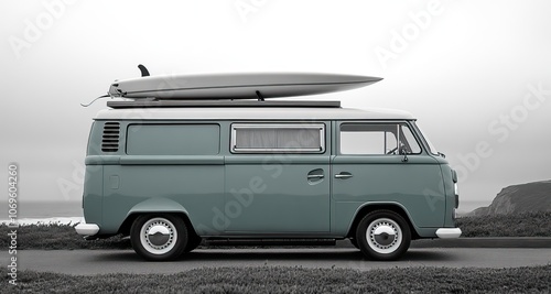 A vintage van parked with a surfboard on top.