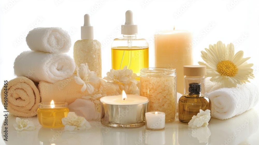 A serene spa arrangement features soft white towels, aromatic candles, and essential oil, creating a calming atmosphere ideal for relaxation and self-care moments. A serene spa arrangement features soft white towels, aromatic candles, and essential oil, creating a calming atmosphere ideal for relaxation and self-care moments.