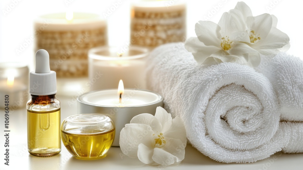 A serene spa arrangement features soft white towels, aromatic candles, and essential oil, creating a calming atmosphere ideal for relaxation and self-care moments. A serene spa arrangement features soft white towels, aromatic candles, and essential oil, creating a calming atmosphere ideal for relaxation and self-care moments.