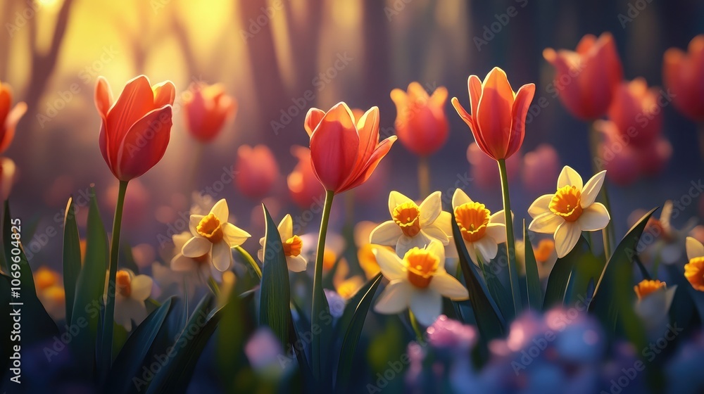 Colorful Tulips and Daffodils in Spring Bloom Colorful Tulips and Daffodils in Spring Bloom