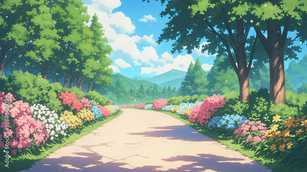 Fototapeta premium Serene Pathway Through Lush Green Forest and Colorful Flower Bushes