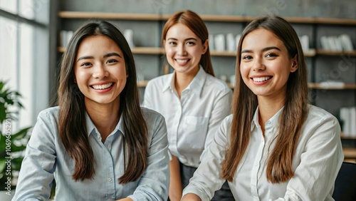 Confident professional women smiling warmly in a modern office setting, dressed in business attire, exuding positivity and professionalism.