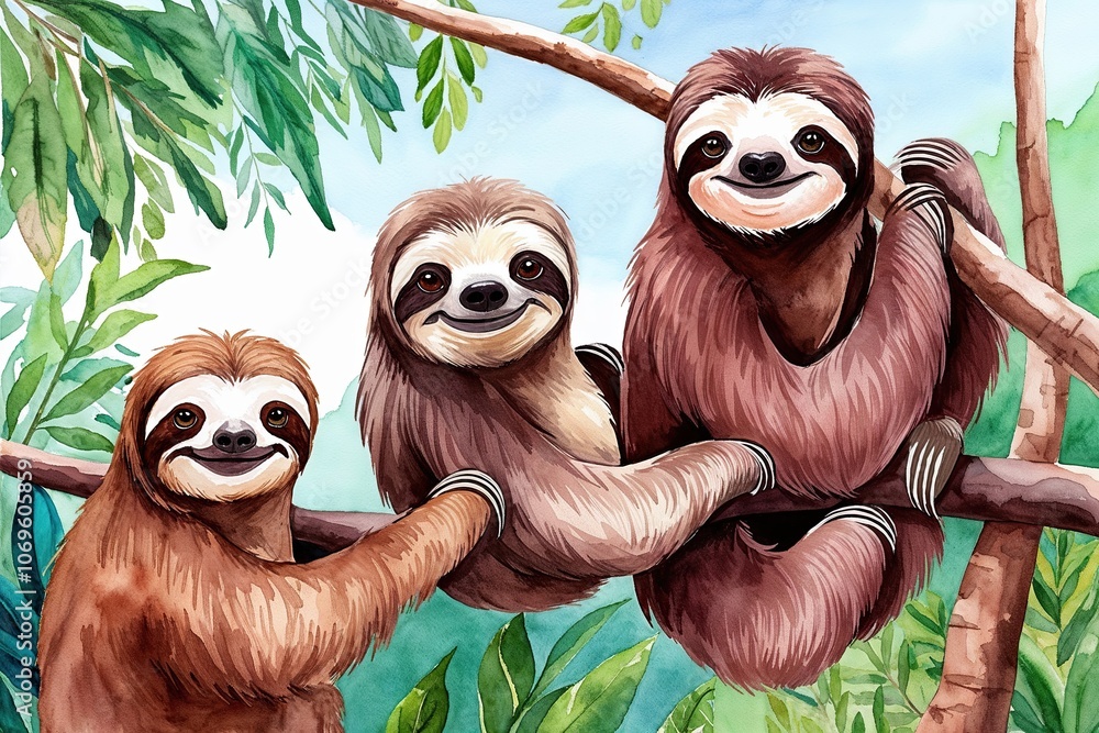 Naklejka premium Serene Watercolor Illustration of Charming Sloths in Central American Forest Wildlife