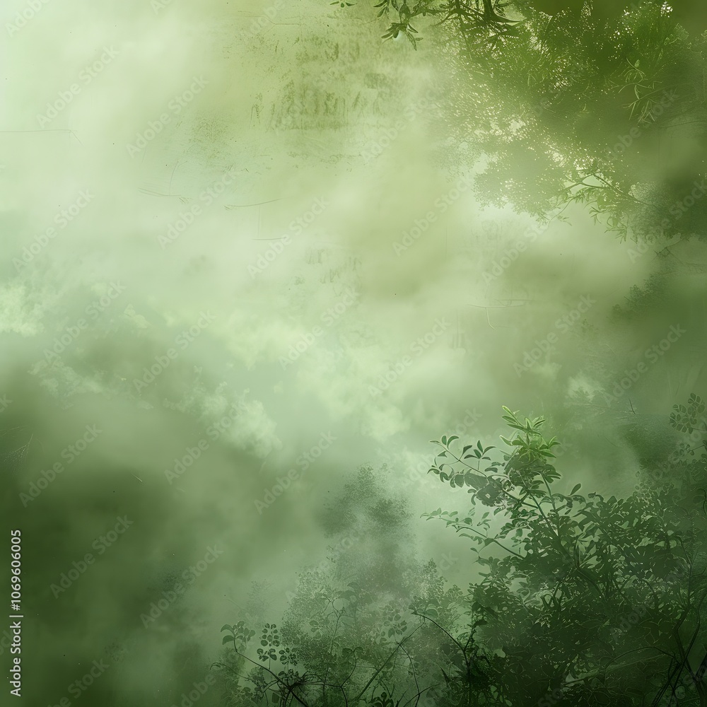 A misty green landscape with dense foliage and fog creating a serene atmosphere. A misty green landscape with dense foliage and fog creating a serene atmosphere.