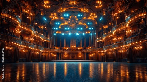 A wide-angle view of an empty, elegantly decorated classic theatre, illuminated by spotlights, with golden accents, ready to host a play or ballet performance for an awaiting audience.