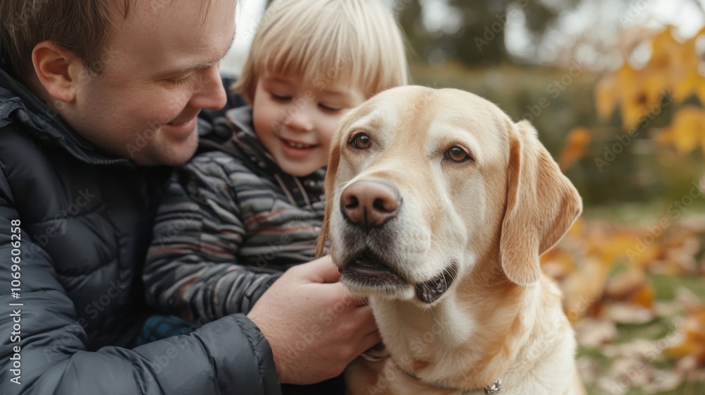 Family with Down syndrome child stroking pet dog Family with Down syndrome child stroking pet dog