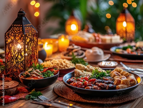 A stunningly decorated dining table showcasing a selection of Middle Eastern delicacies, with lanterns and candles casting a warm, inviting ambiance perfect for celebration.