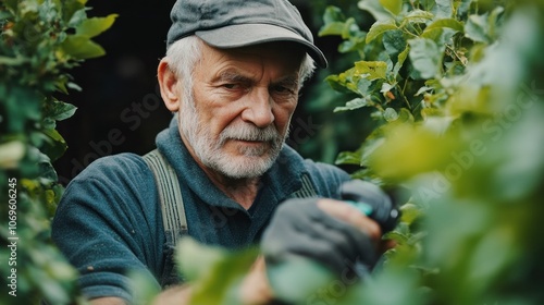 A senior man with a beard and wearing a cap and gloves is trimming bushes in a garden.