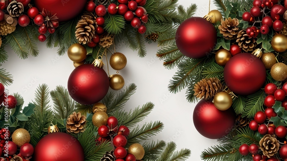 A festive Christmas wreath with red and gold baubles, pine cones, and holly berries on a white background. A festive Christmas wreath with red and gold baubles, pine cones, and holly berries on a white background.