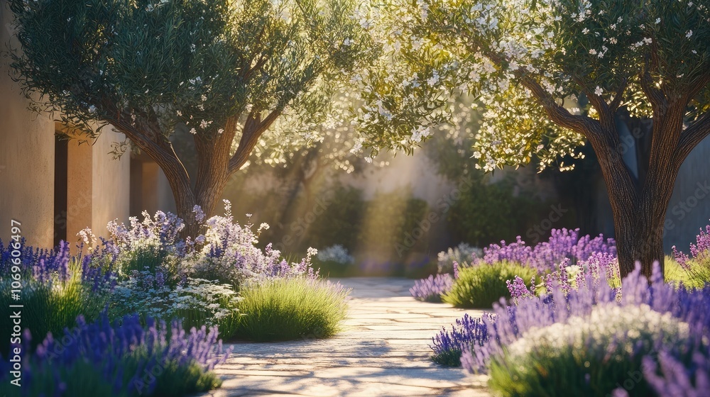 Serene Garden Pathway with Blooming Flowers Serene Garden Pathway with Blooming Flowers