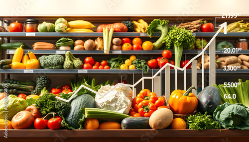 Rising food prices. Food crisis concept. Global financial crisis. Food deficiency. Graph of price increases for vegetables and farm products. Lack of agricultural products isolated with white highli photo